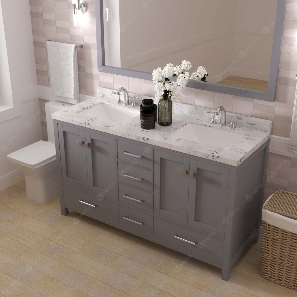 Caroline Avenue 60" Double Bath Vanity With Cultured Marble Quartz Top, Gray