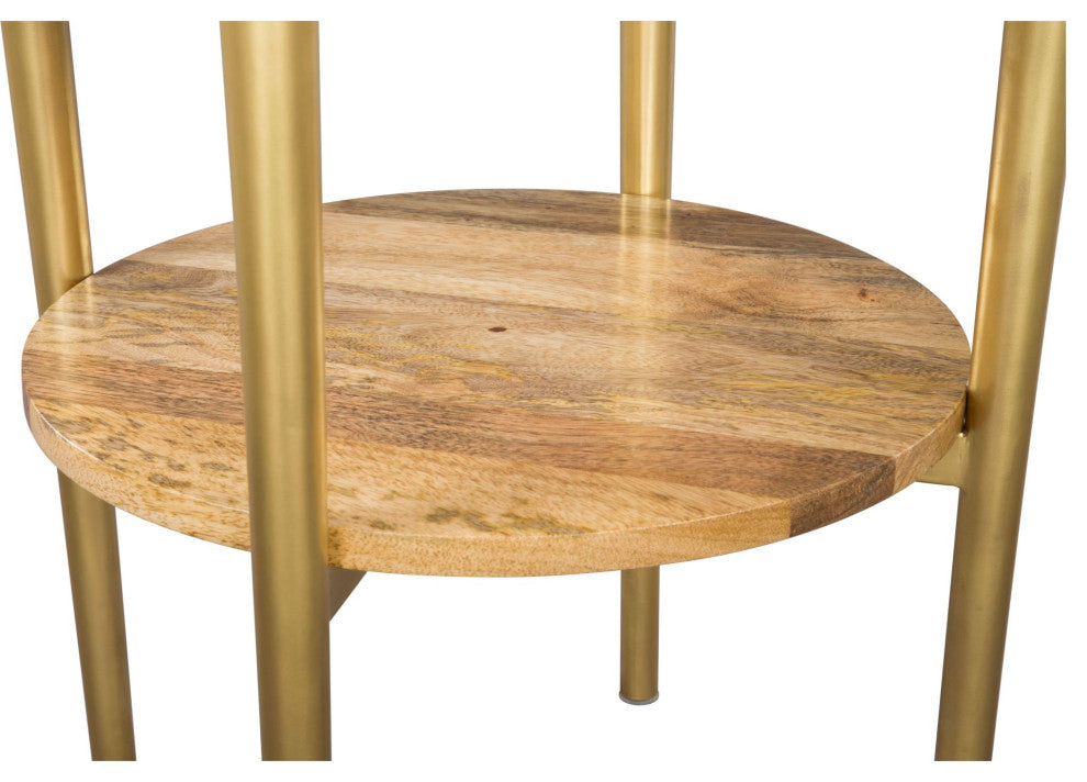 Sofa Side Table, Round, Artificial Marble, Steel Metal, White, Brown, Gold