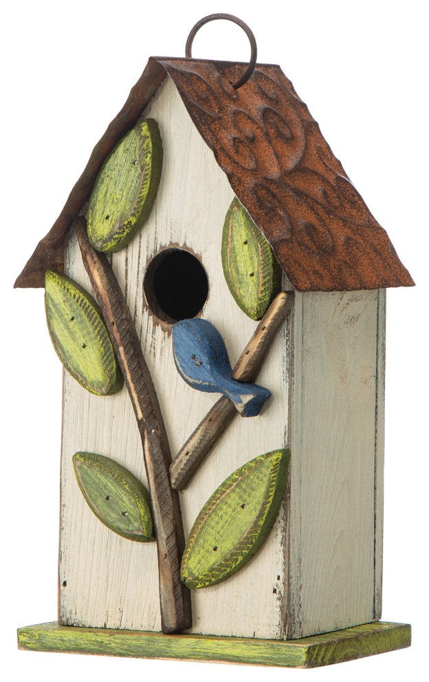 9.75"H Washed White Distressed Solid Wood Birdhouse With 3D Tree and Bird