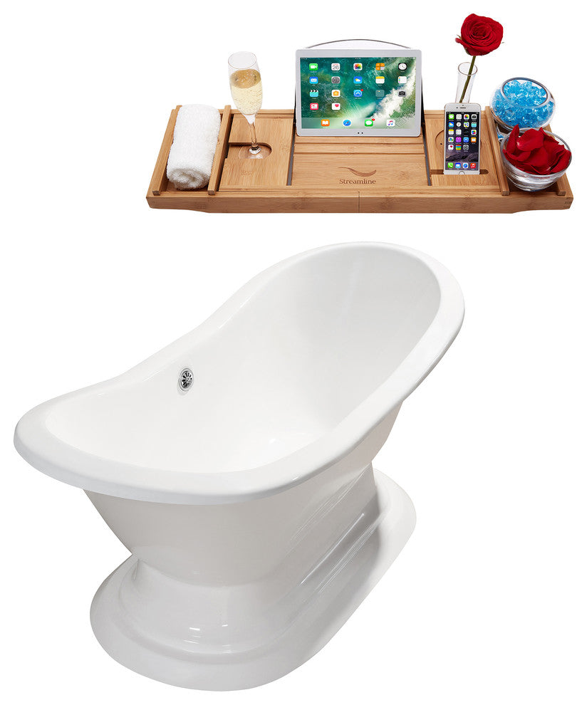 72" Cast Iron R5162WH-CH Soaking Clawfoot Tub and Tray With External Drain