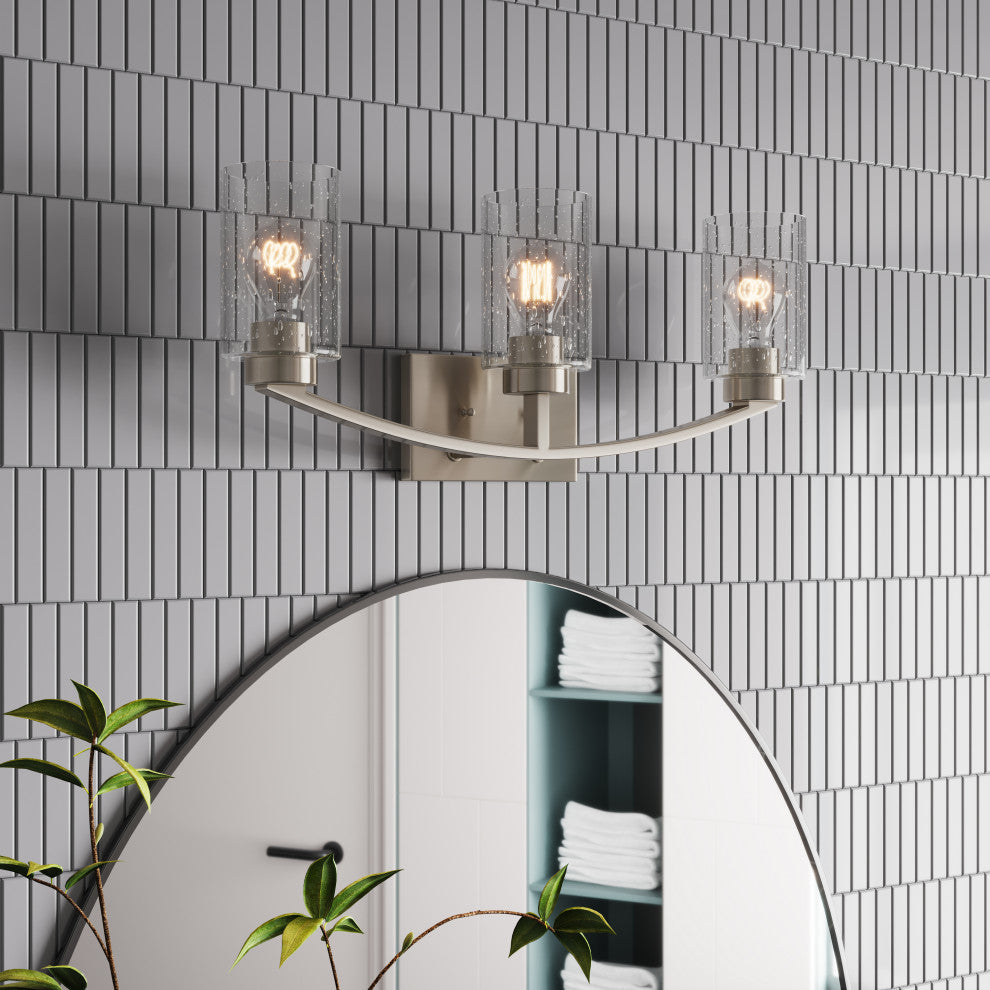 Brushed Nickel 3-Light Bathroom Vanity Light With Glass Shade