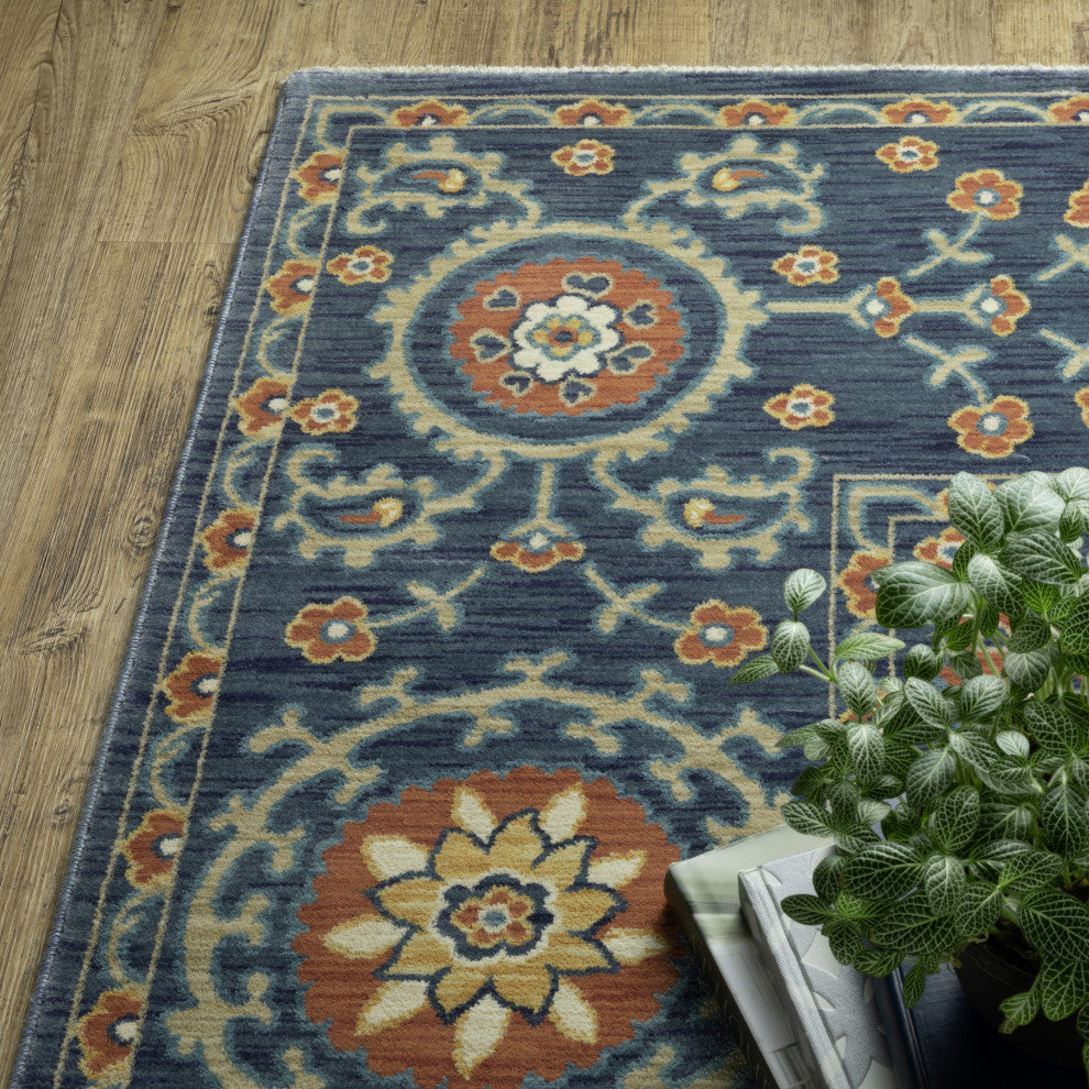 Fabienne Spiral Border Indoor Blue/Rust Area Rug, Blue, 9'10"x12'10"