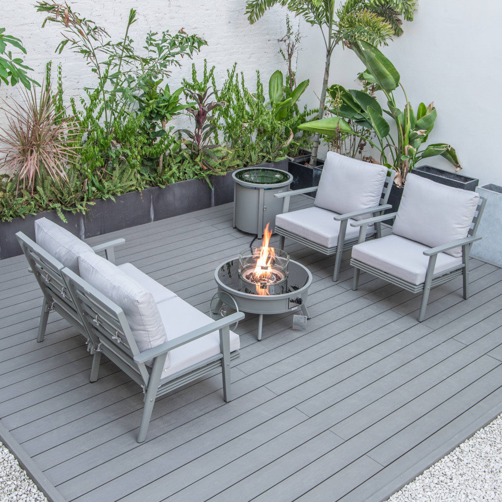 LeisureMod Walbrooke Grey Patio Sofa Set With Round Fire Pit Table, Light Grey