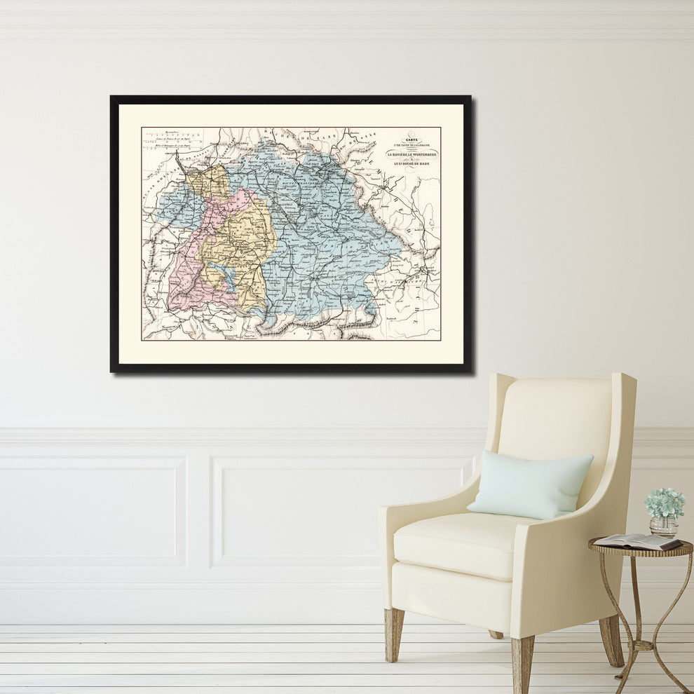 Southern Germany: Bavaria Wurttemberg Hesse Vintage Antique Map Wall Art, 28"x37