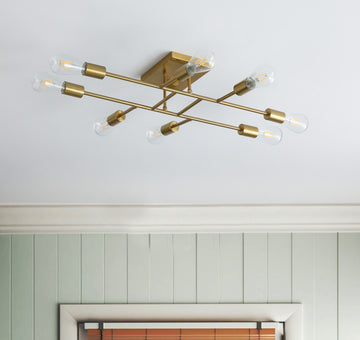 Modern 8-Light Sputnik Semi Flush Mount Ceiling Light, Gold