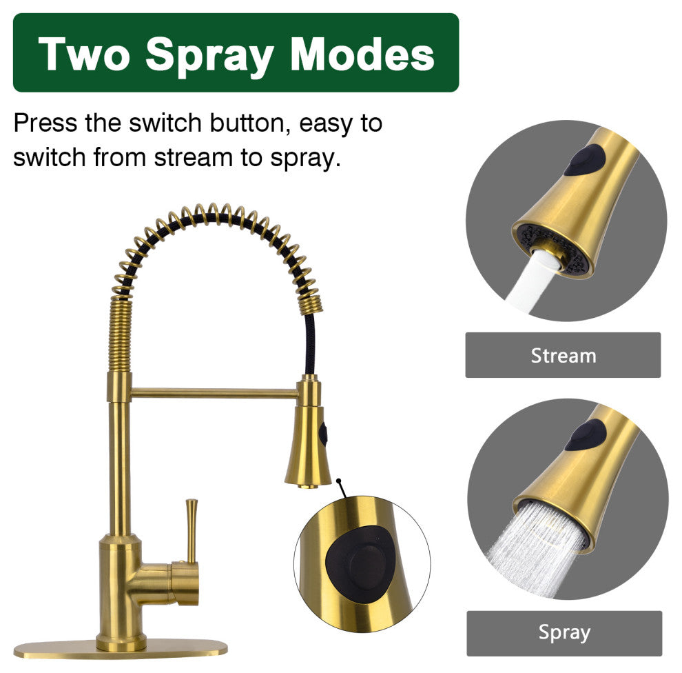 Copper Pre-Rinse Spring Kitchen Faucet with Pull Down Sprayer, Brushed Gold