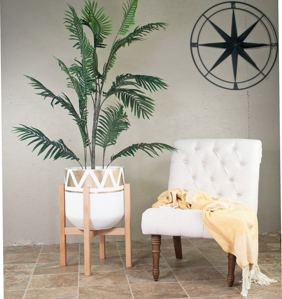 Extra Large Hand Paint Fiber Clay Pot 16'' With Wood Plant Stand Natural Color