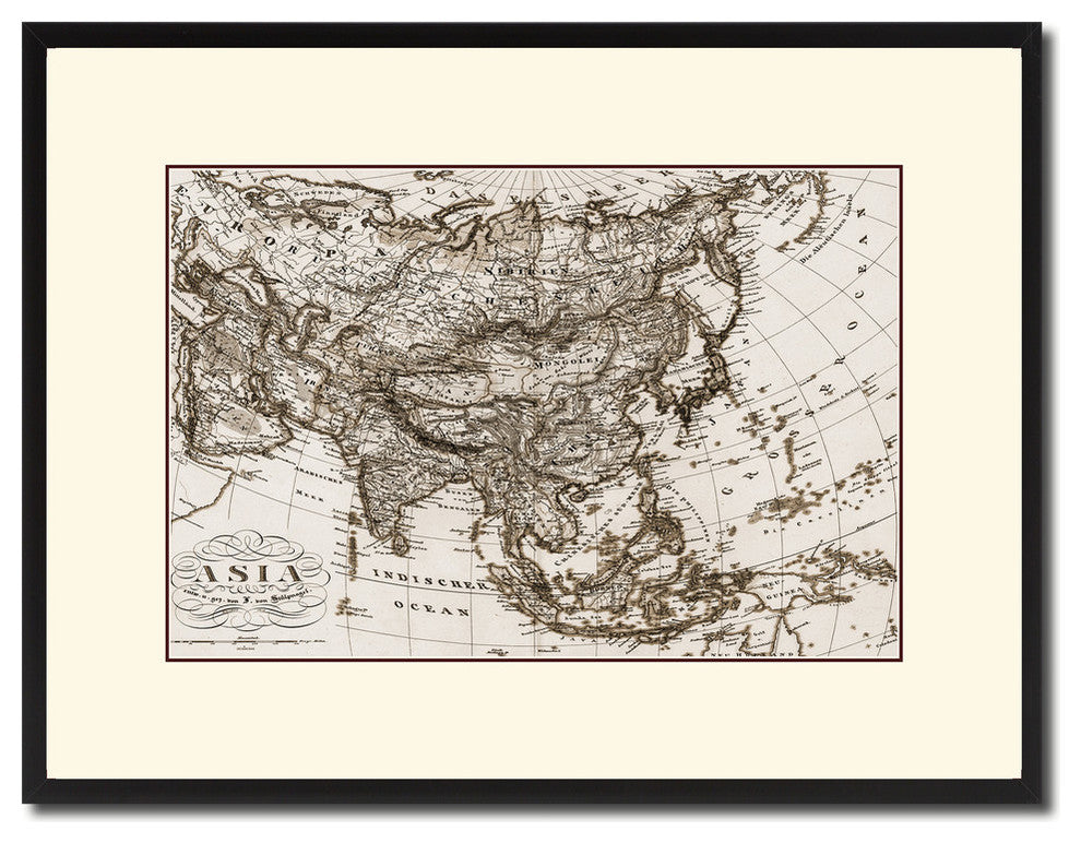 Asia Vintage Old Sepia Map Print On Canvas With Black Custom Frame, 16" X 21"