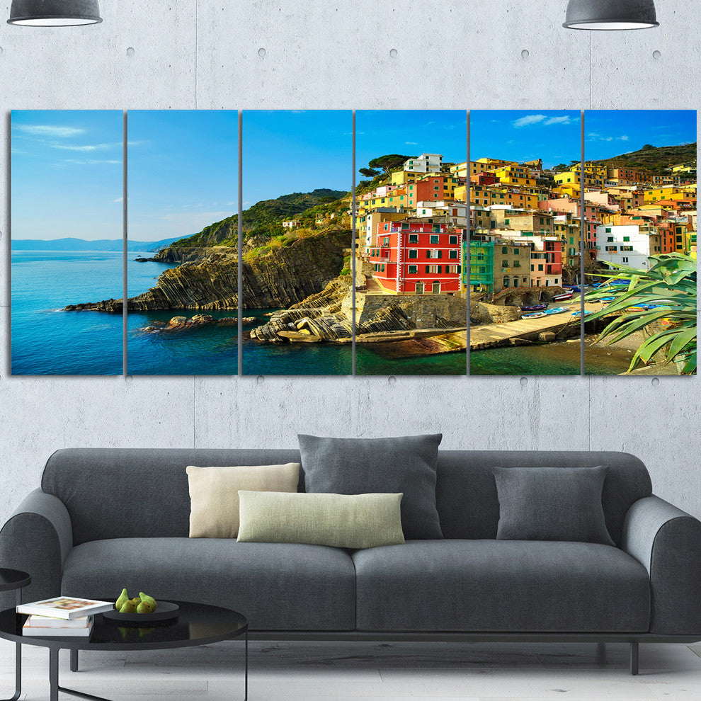 Riomaggiore Village Rocky Beach, Seascape Canvas Art Print, 70"x28", 6 Panels