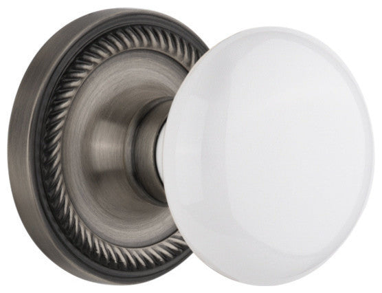 Single Rope Rosette With White Porcelain Knob, Antique Pewter