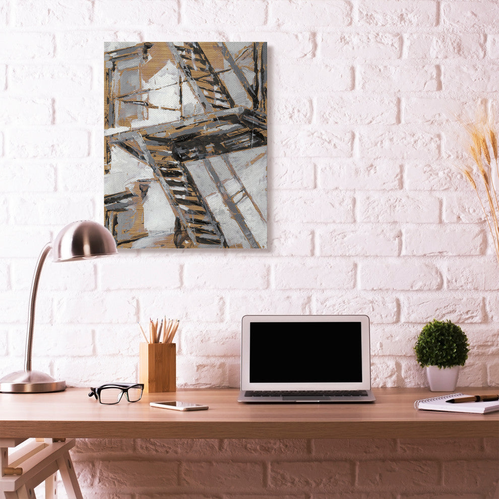 Abstract Fire Escape Gold Silver City Painting, 30"x40"