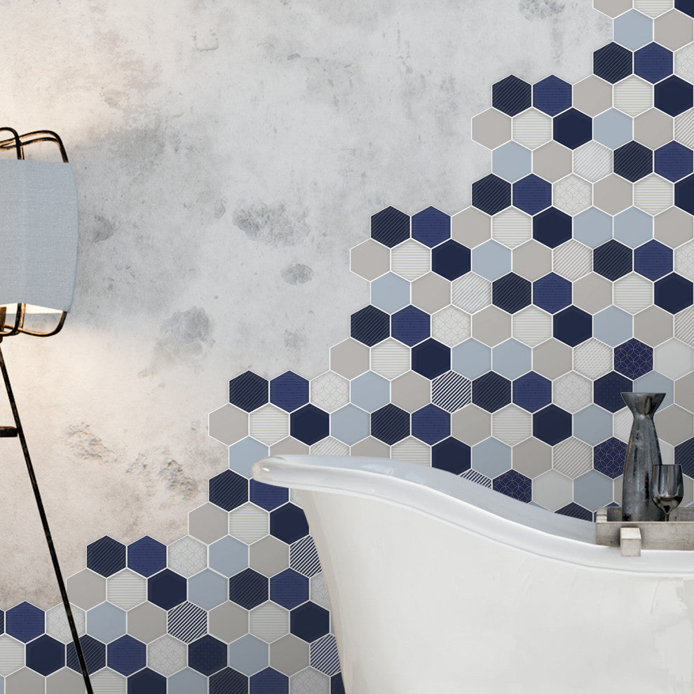 12"x6" Honey Hexa Blue and Cream Glossy 3D Tile Stickers, Set of 12