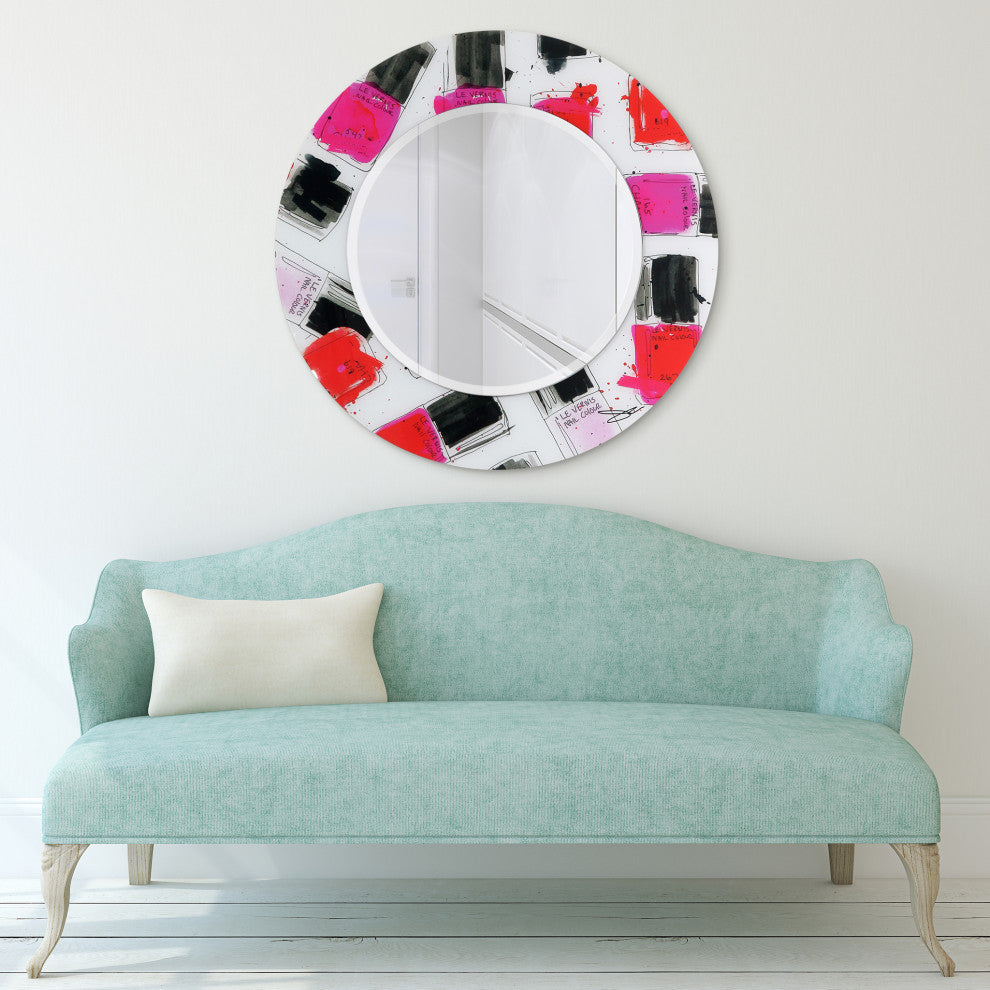"Candy" Round Beveled Wall Mirror on Floating Printed Tempered Art Glass