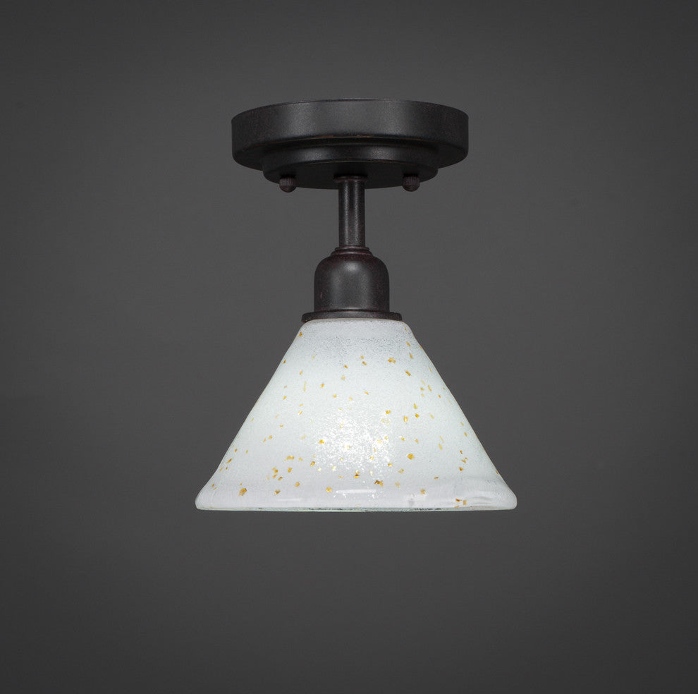 Vintage 1 Bulb Semi-Flush In Dark Granite, 7" Gold Ice Glass