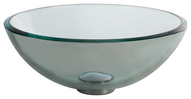 Clear 14" Glass Vessel Bathroom Sink, PU Drain, Mounting Ring, Chrome
