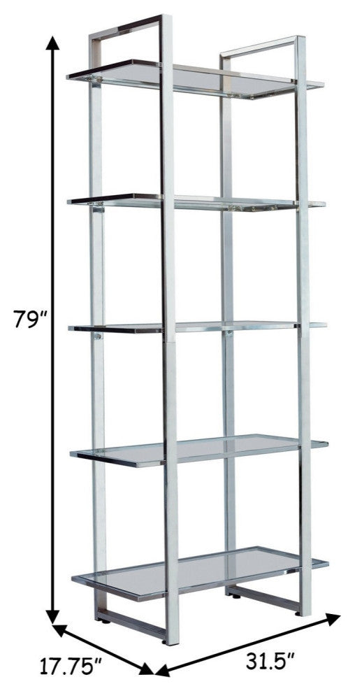 Benzara BM282971 Bookcase, Metal Frame, Tempered Glass Shelves, Polished, Silver