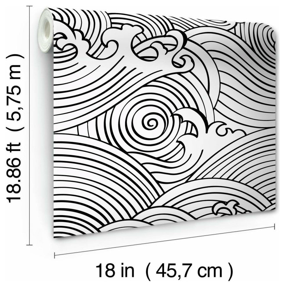 Black & White Asian Waves Peel & Stick Wallpaper