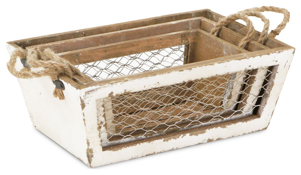 Chicken Wire Wooden Crates, Set of 3
