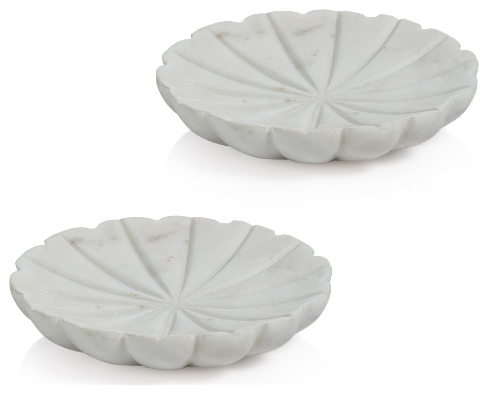 Kara 2-Piece Flower Marble Decorative Dish Set, White