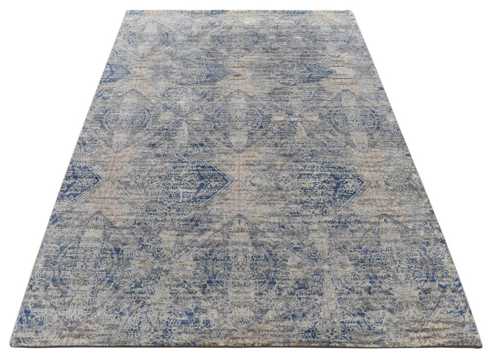 Gray, ERASED ROSSETS, Silk With Textured Wool, Hand Knotted, Rug, 4'9"x7'