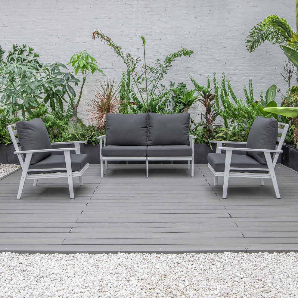 LeisureMod Walbrooke 3-Piece Patio Set With White Aluminum Frame and Cushions, Charcoal