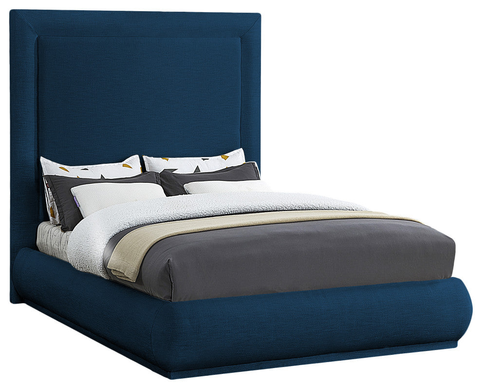 Brooke Linen Textured Fabric Upholstered Bed, Navy, Queen