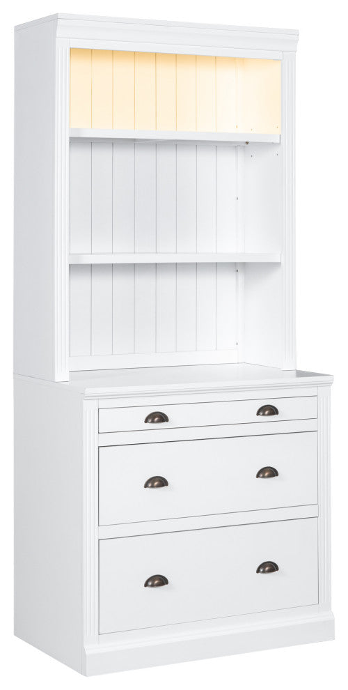 Modern Tall Bookshelf, LED Lighting for Living Room, White