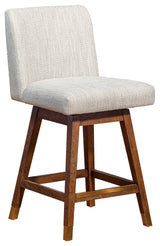 Basila Swivel Counter Stool in Brown Oak Wood Finish with Beige Fabric