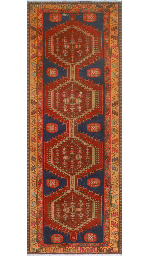 Fine Vintage Distressed Fatina Burgundy/Navy Runner, 3'11x10'3