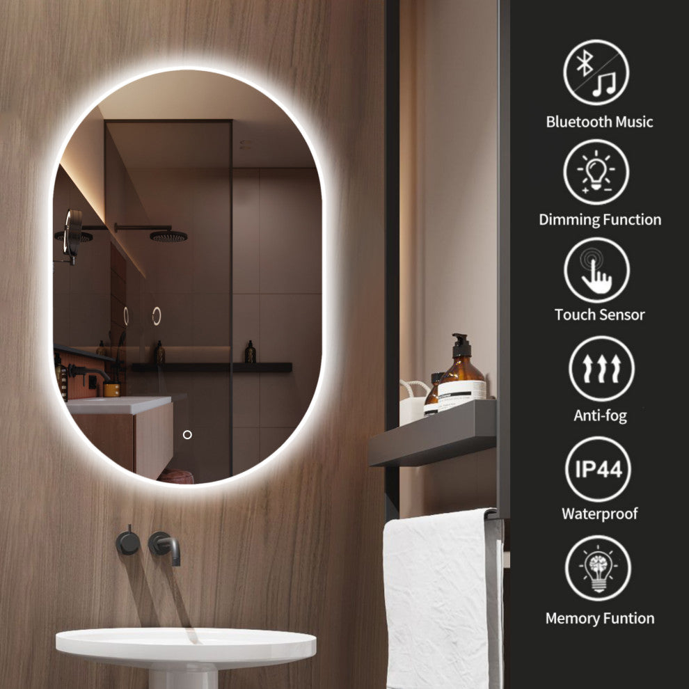 36" x 24" Large Oval Frameless Wall-Mount Anti-Fog LED Bathroom Vanity Mirror