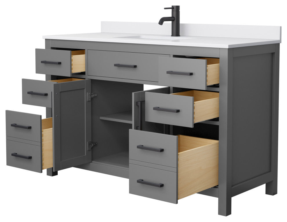 54"SGL Bathroom Vanity Dark Gray, White Cult.Marble Countertop, Sink, Black Trim