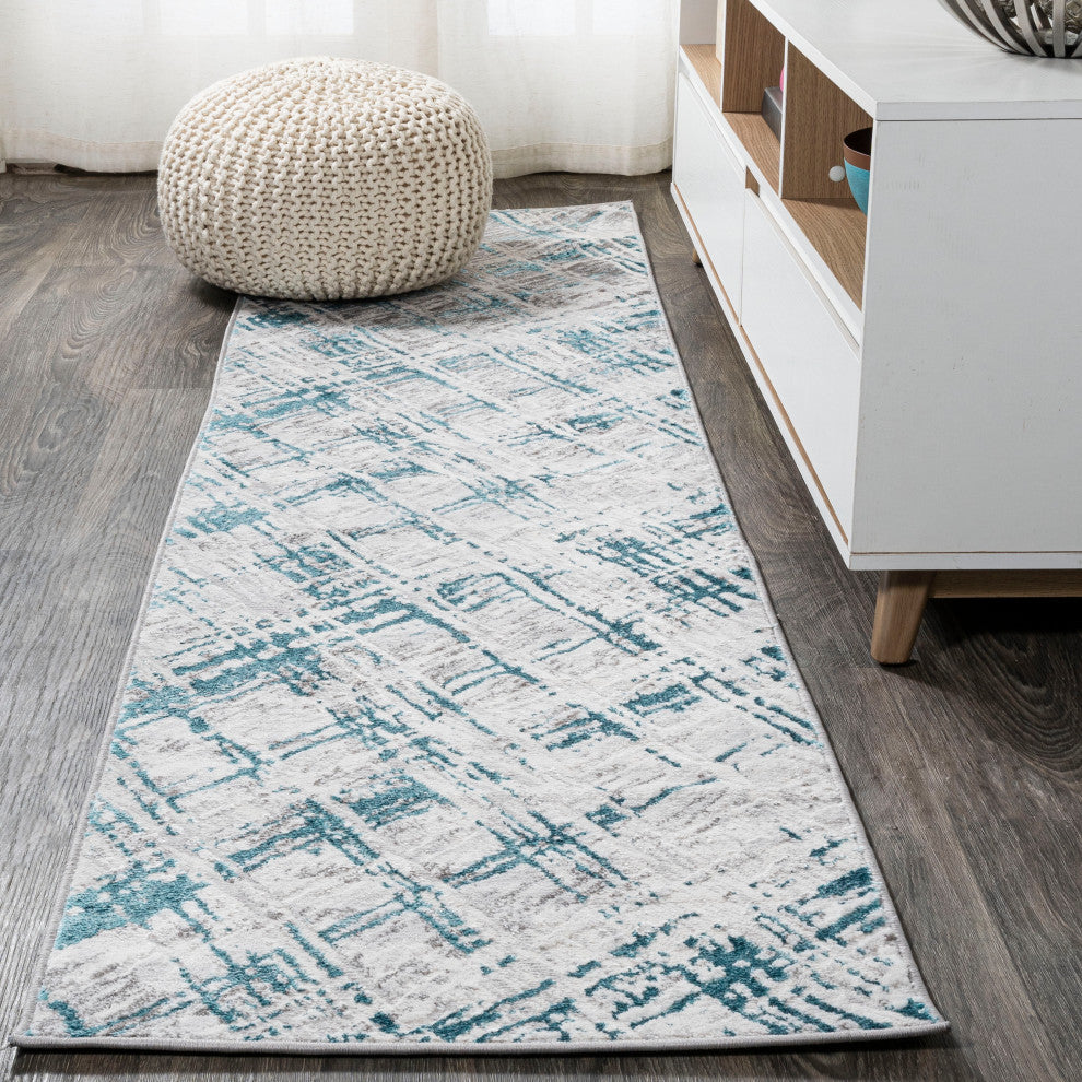 Slant Modern Abstract Area Rug, Gray/Turquoise, 2'x10'
