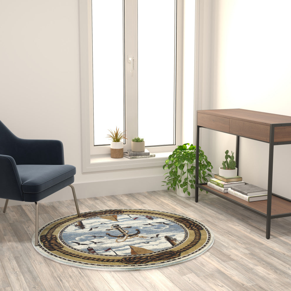 Angie Collection Round 4' x 4' Beige Nautical Themed Area Rug