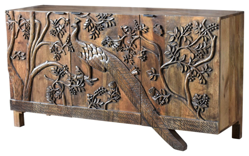 Mother Nature 60" Solid Wood Sideboard Hand Carved Peacock Bird Front Doors