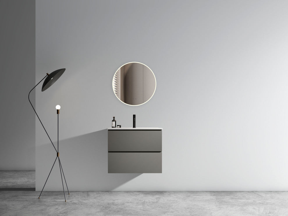 Wall-Mounted Bathroom Vanity Set with Ceramic Sink with one faucet hole, Gray