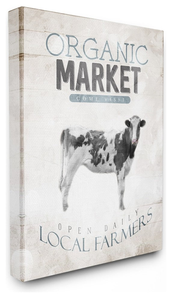 Blue Gray & White Organic Market Local Farmers Cow Canvas Wall Art, 24"x30"