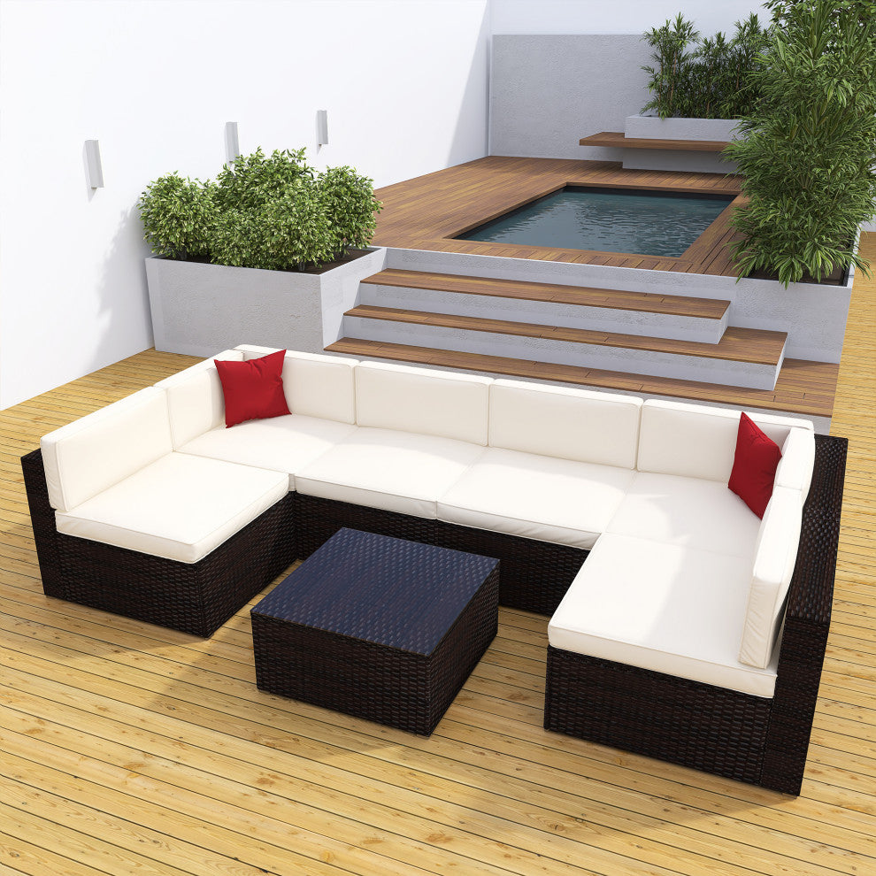117" Wide Outdoor Wicker U-Shaped Patio Sectional With Cushions, Beige