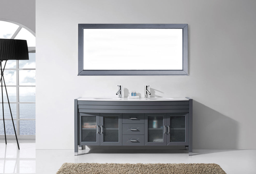 Virtu Ava 71" Double Bathroom Vanity, Gray With White Top, Faucet and Mirror