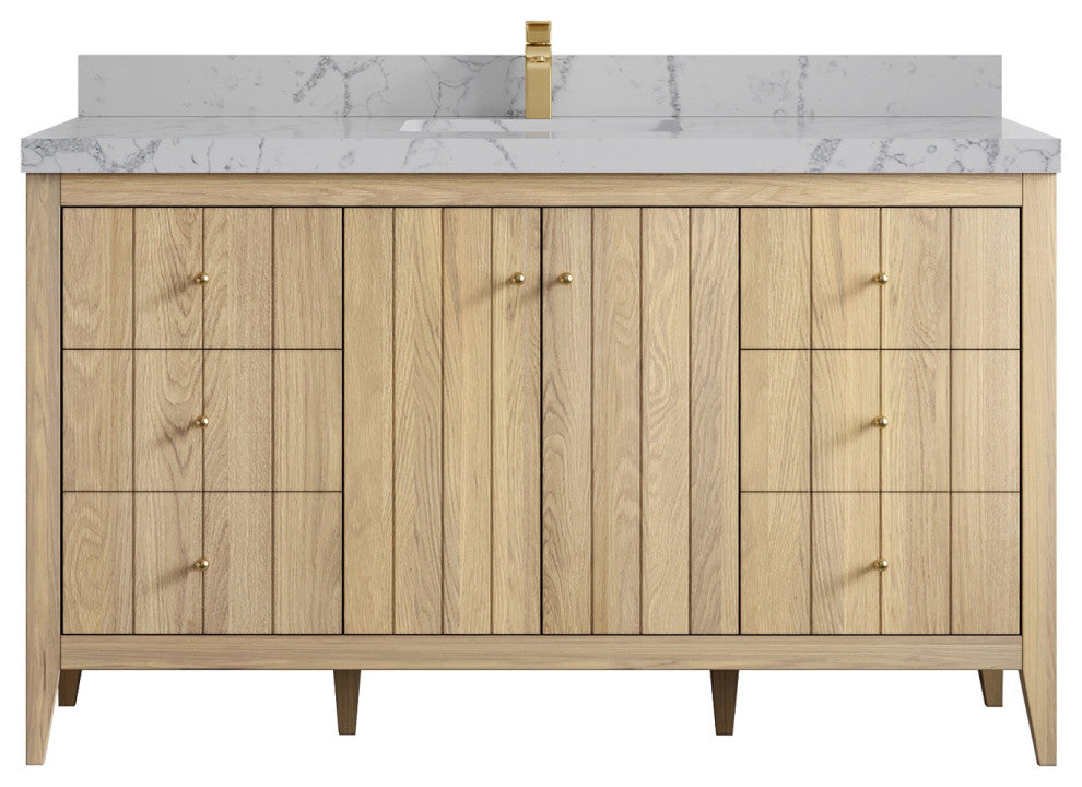 Atlanta Oak 60" Single Bathroom Vanity, White 2" Venatino Quartz