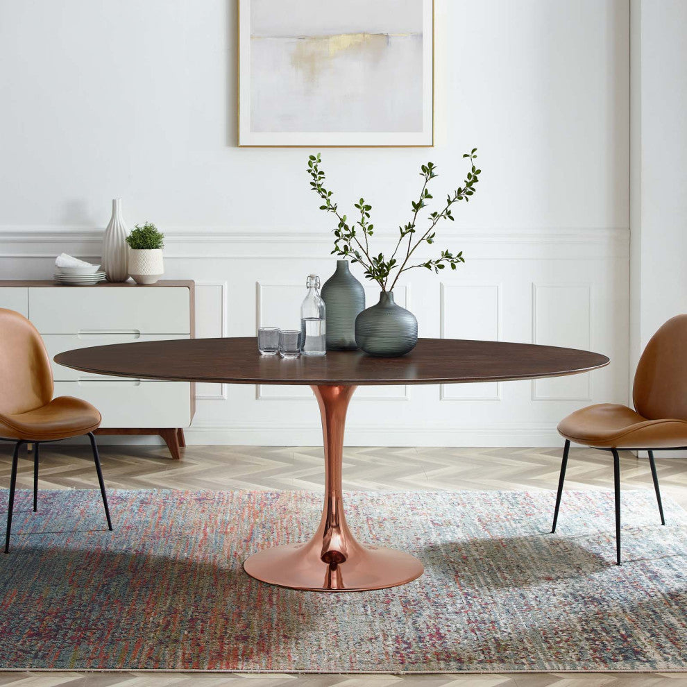 Dining Table, Oval, Wood, Rose Gold Dark Brown Brown Walnut, Modern, Cafe Bistro