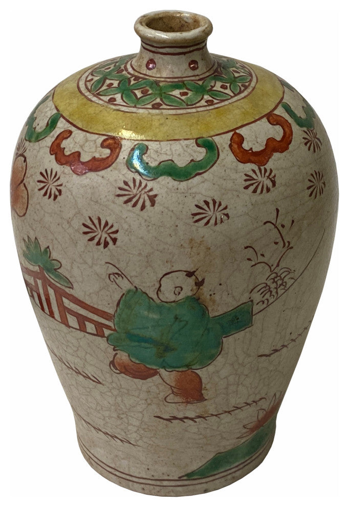 Chinese Oriental People Scenery Gray Tan Color Ceramic Vase Hws1781