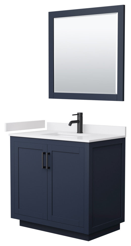 36"SGL Vanity Dark Blue, White Cult. Marble Top, Sink, Black Trim, 34"Mirror