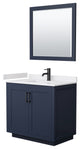 36"SGL Vanity Dark Blue, White Cult. Marble Top, Sink, Black Trim, 34"Mirror