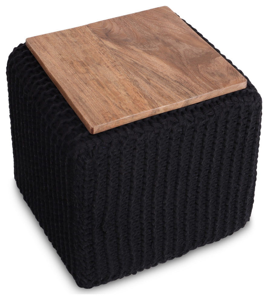 Loft Lyfe Roxy Ottoman, Hand Knitted, Wooden Tray, Cotton Yarn, Black