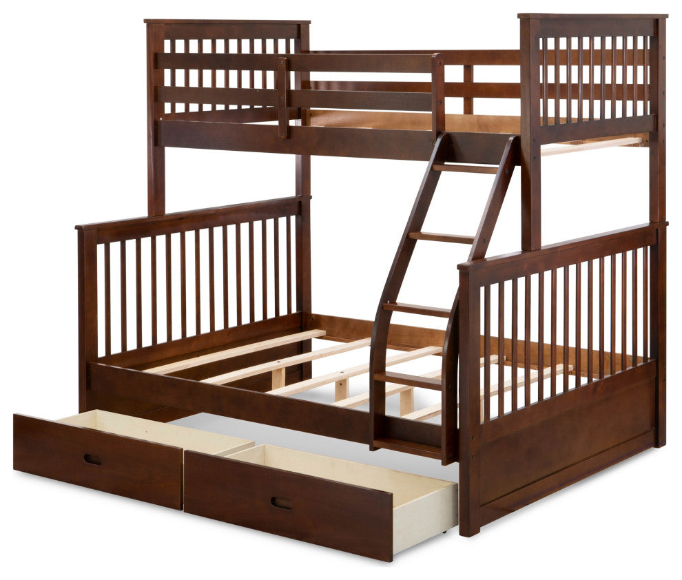 Twin Bed, Two Split Beds, The Both Beds Secure Due To Guard Rails, Walnut Finish