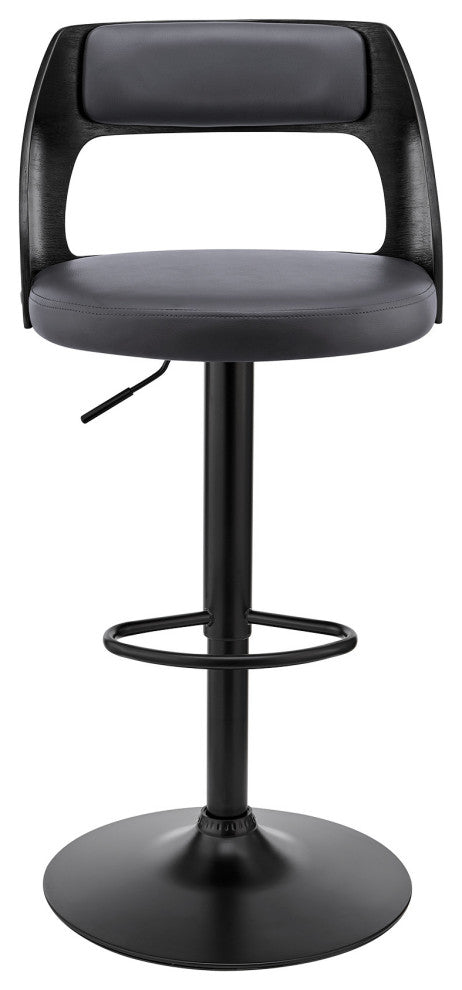 Gray Upholstered Black Base Adjustable Swivel Bar Stool