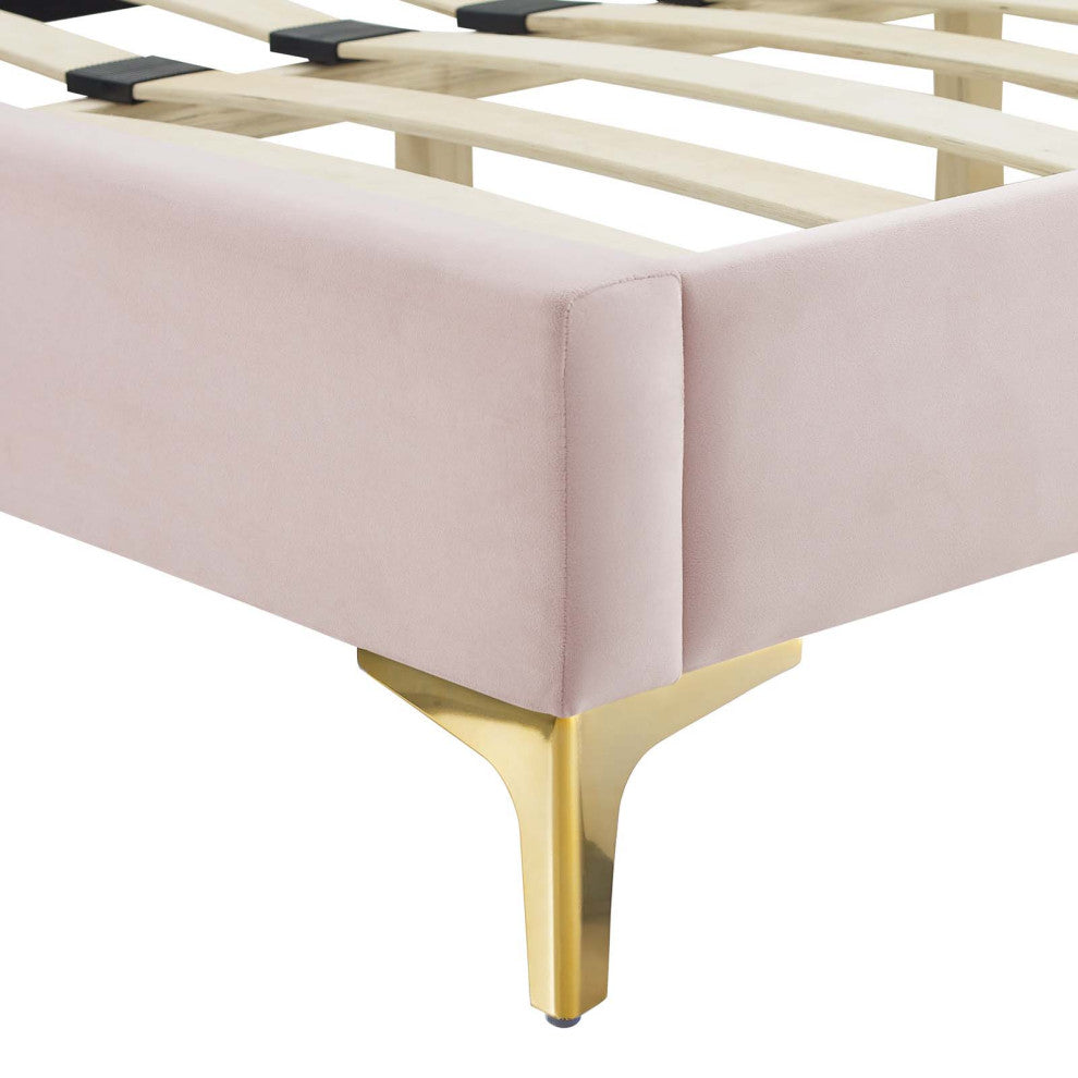 Platform Bed Frame, Nailhead, Queen Size, Pink, Velvet, Modern, Guest Suite