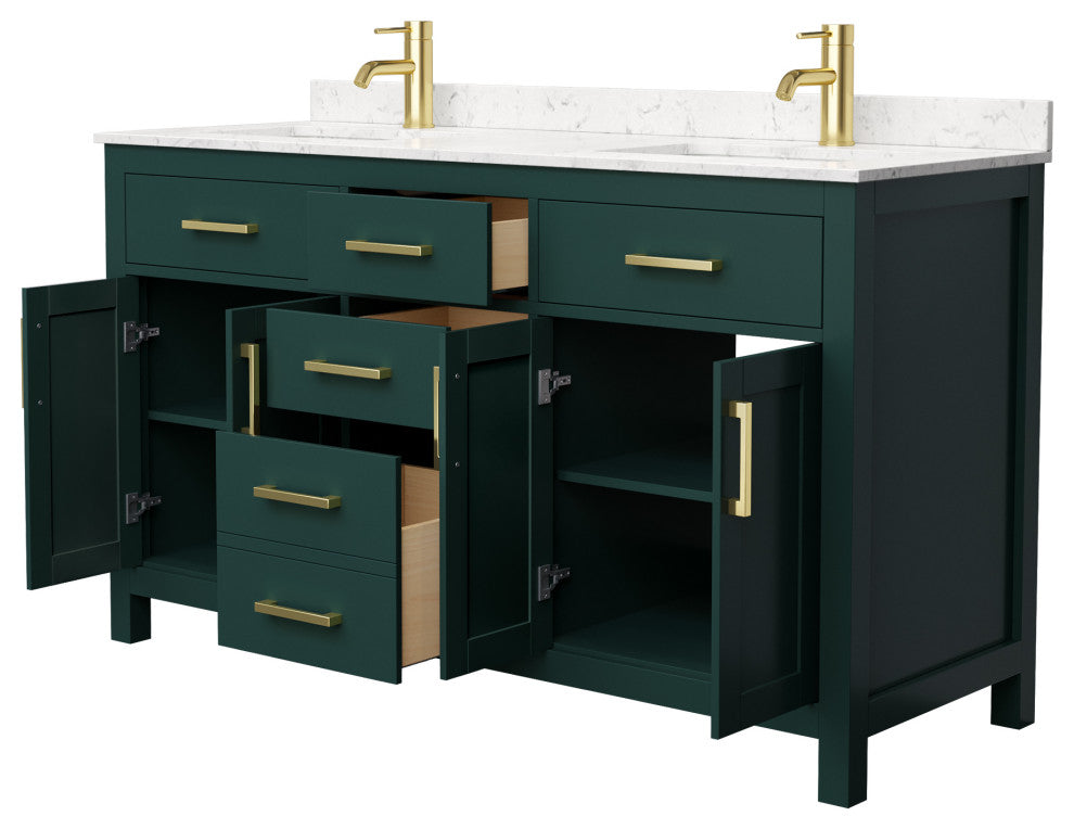 60"DBL Bathroom Vanity Green, Carrara Cult. Marble Countertop, Sinks, Gold Trim