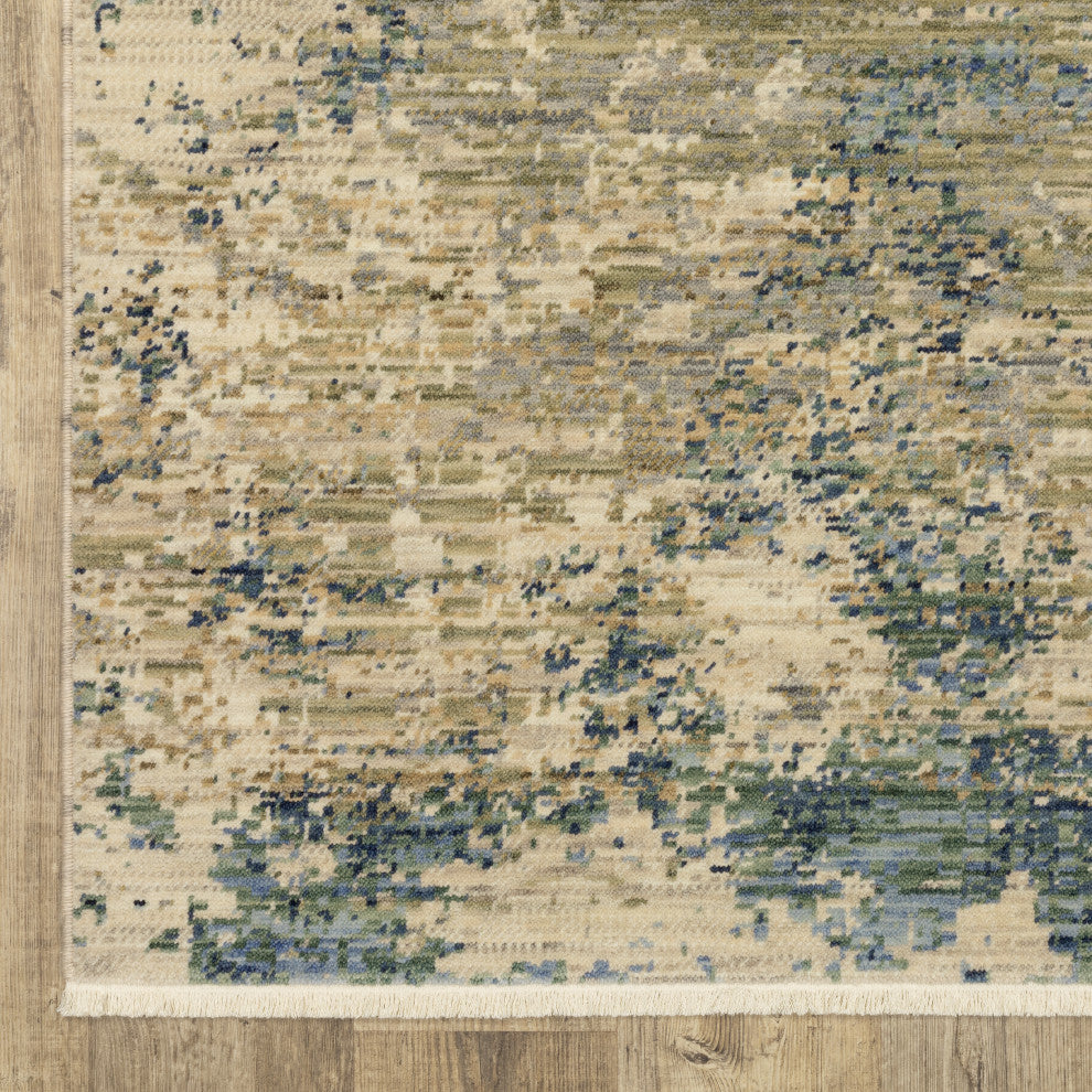 Saturn Modern Abstract Beige/Blue Multi Wool Blend Area Rug 3'3" x 5'