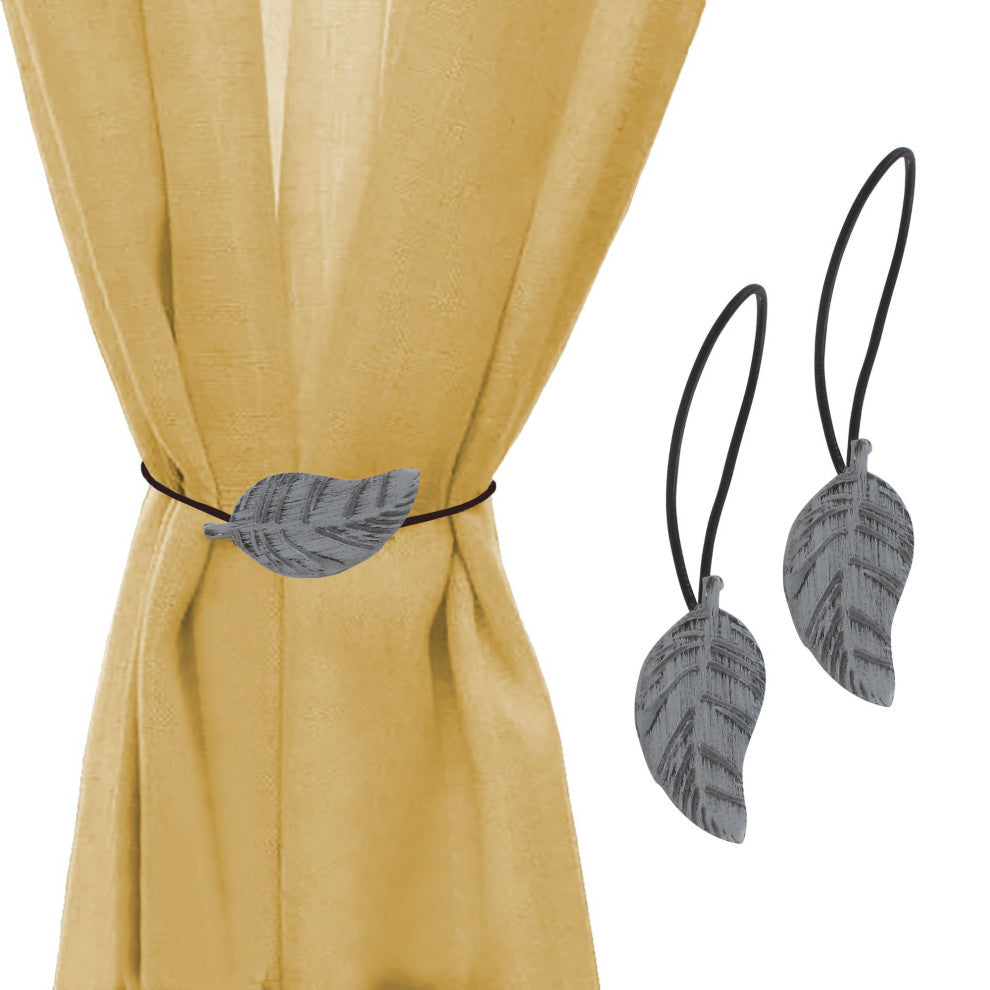 Magnetic Wooden Leaf Curtain Tiebacks, Gray, Pack of 2
